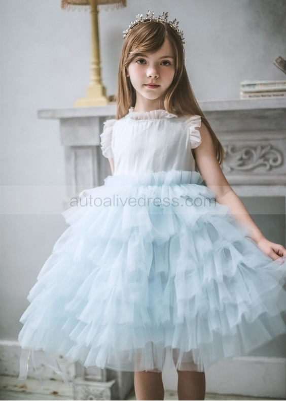 Ice Blue Ruffled Tulle Flower Girl Dress